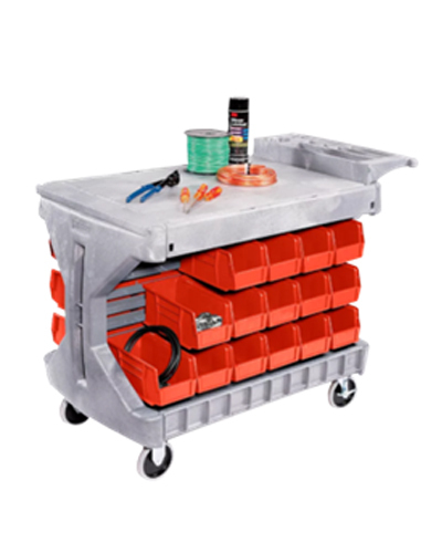 Mobile cart with red bins for parts