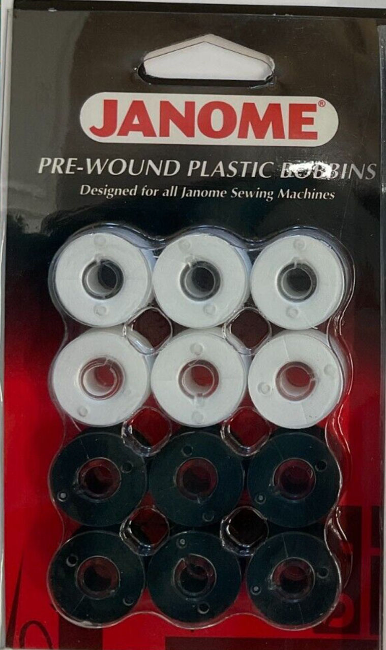 Janome 12 Pack Pre-Wound Plastic Bobbins White Thread