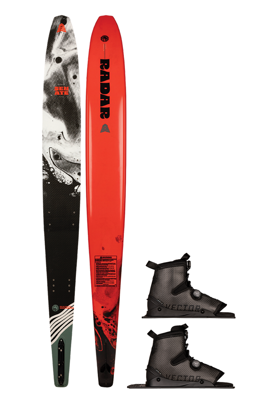 2025 Senate Collection
The Senate’s ability to carry speed is unmatched in the industry. This speed allows the skier to maintain width on the boat ultimately giving a sense of freedom sought after by those that ski in the course as well as those ripping open water turns. By taking our Vapor shape and adding two tenths of an inch in extra width we have created a stable riding platform. This platform creates the balance needed for a skier to feel at home, while the profile of the ski allows the skier to feel the speed and angle sought after at any level.