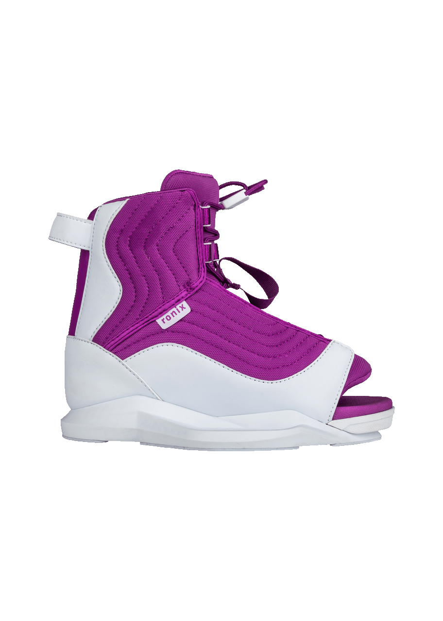 EXTRA SOFT, ADJUSTABLE AND EASY TO GET INTO.

The most comfortable girl’s boot constructed for the next generation. Built on our MainFrame chassis to adapt to the future of wakeboarding’s feet as they cinch up our easy-to-use AutoLock lacing mechanism.

KID’S FIT

Before we tell you some of our unique design specifics on our kid’s boots let’s talk about what is available on every Ronix boot – adaptability. For years footwear was based on having a stiff plate and a stiff sidewall. Drawback to that is 2 things. Nobody wants the side of their foot to be up against something rigid, and there is a loss of adaptability when that sidewall won’t alter around the top of your foot. So, we changed that developing and patenting the first 2-piece mainframe system. Now you can complement that same rigid base plate optimizing heel/toe reaction time with the softest, plush, flexible skeleton that wraps around the rider’s foot. As a rider cinches their Autolock lace, or dials in their BOA® the chassis now softly conforms over the top. Everybody wins. Back to kids. When we started Ronix and we started looking at kids feet we were blown away by the scaling proportions – as kid’s feet are obviously shorter – they are nowhere near as narrow as you would think they would be. We did some research and discovered something that makes a lot of sense but was never addressed in wakeboarding. Kids have flexible bones, plumper fat pads that make a rounded broader shape – this combination contributes to a wider less angular foot structure. We accounted for that by providing more support around the foot with our adaptive chassis – but also made a wider kid’s outline as a percentage of scaling to account for their less angular foot structure. The result is happier feet. Just have them try on any of our kids boots and feel the difference.