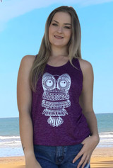 Ash Ladies Y-Back Owl Singlet, Relaxed Fit, Cool Rayon Material, Breathable & Comfortable, Owl Purple, From Tropical Summer Clothing Shop in Cairns, Australia