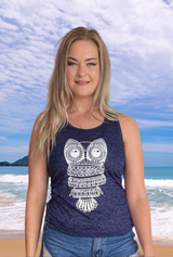 Ash Ladies Y-Back Owl Singlet, Easy Fit, Light Rayon Fabric, Cool & Comfortable, Owl Navy, From Tropical Summer