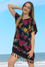 Ladies Summer Fringe Top, Butterfly Print, Plus Size, Easy Fit, Cool Rayon Fabric, Breathable & Comfortable, Black, From Tropical Summer Clothing in Cairns, Australia