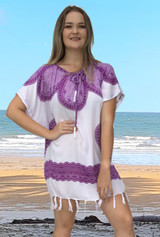 Ladies Summer Fringe Top, Padma Print, Plus Size, 100% Cool Rayon Material, Breathable & Comfortable, White & Purple, From Tropical Summer Clothing Shop in Cairns, Australia