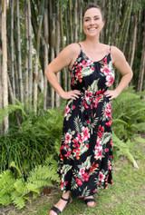 Linda Ladies Long Summer Dress, Tie Up Waist String, Rayon, Light & Comfortable, Hibiscus Black, From Tropical Summer Clothing Shop in Cairns, Australia
