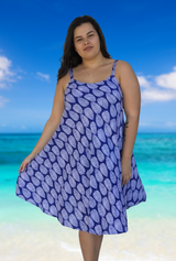 Lisa Ladies Plus Size Sun Dress, Rayon, Light & Comfortable, Large Leaf Royal & White, From Tropical Summer Clothing in Cairns, Australia