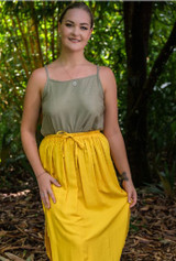 Selena Ladies Long Summer Skirt, Easy Fit, Light Rayon Material, Breathable & Comfortable, Plain Mustard, From Tropical Summer Clothing in Cairns, Australia