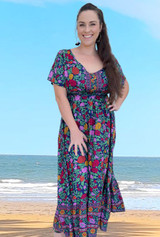 Holly Ladies Long Summer Dress, Easy Fit, Light Rayon, Cool & Comfortable, Boho Rose Navy, From Tropical Summer Clothing Shop in Cairns, Australia