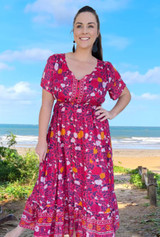Holly Ladies Long Summer Dress, Rayon Fabric, Breathable & Comfortable, Boho Rose Red, From Tropical Summer Clothing Shop in Cairns, Australia