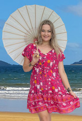 Michelle Short Sun Dress, Relaxed Fit, Light Rayon, Cool & Comfortable, Boho Rose Red, From Tropical Summer Clothing Shop in Cairns, Australia