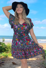 Michelle Short Sun Dress, Easy Fit, Cool Rayon, Light & Comfortable, Boho Rose Navy, From Tropical Summer Clothing Shop in Cairns, Australia