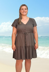 Michelle Ladies Short Sun Dress, Cool Rayon Material, Breathable & Comfortable, Plain Khaki, From Tropical Summer Clothing Store in Cairns, Australia