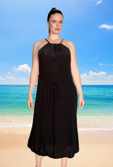 Tia ladies long maxi summer dress sleeveless, black, in cool comfortable rayon fabric. Comes in 2 sizes. S/M fits size 10 to 14. M/L fits size 12 to 16
