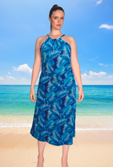 Tia ladies sleeveless long maxi summer dress, fits sizes 10 to 16 color palm leaf royal turquoise