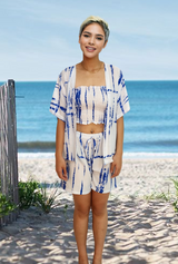 wholesale Alice 3 piece set, shirring top, elastic waist short and jacket, color white blue
