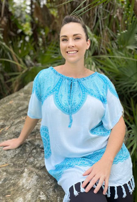 Ladies Summer Fringe Top, Padma Print, Plus Size, 100% Light Rayon Material, Cool & Comfortable, White & Turquoise, From Tropical Summer Clothing Shop in Cairns, Australia