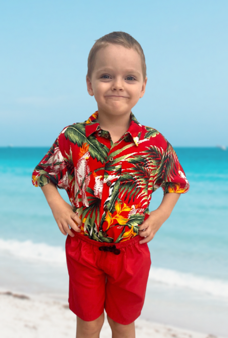 Boy's elastic waist shorts with drawstring in quick dry fabric color red