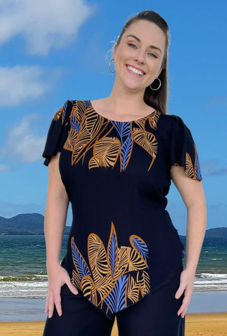 Marcia Ladies Sleeved V-Top, Crinkle Design, Plus Size, Easy Fit, 100% Cool Crinkle Rayon Fabric, Breathable & Comfortable, Shield Leaf Black & Tan, From Tropical Summer Clothing Shop in Cairns, Australia