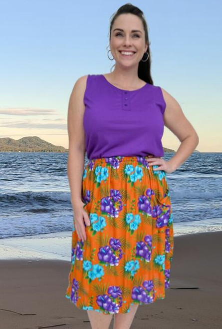 Lenah Savannah Ladies Pocket Summer Skirt, Relaxed Fit, Cool Rayon Material, Light & Comfortable, Plain Orange, From Tropical Summer Clothing in Cairns, Australia