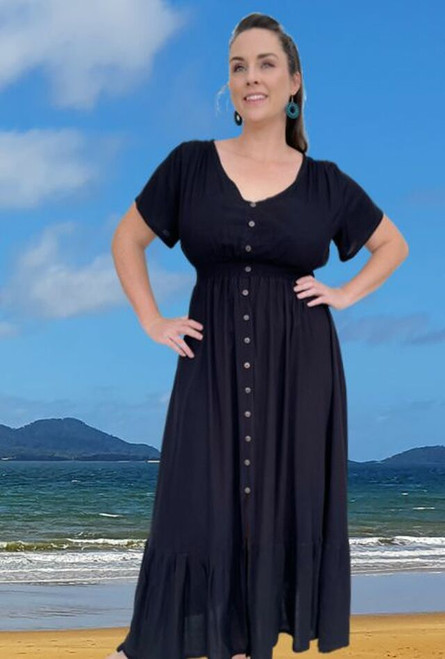 Holly Plus Size Long Summer Dress, Cool Rayon Material, Light & Comfortable, Easy Fit, Plain Black, From Tropical Summer Clothing in Cairns, Australia