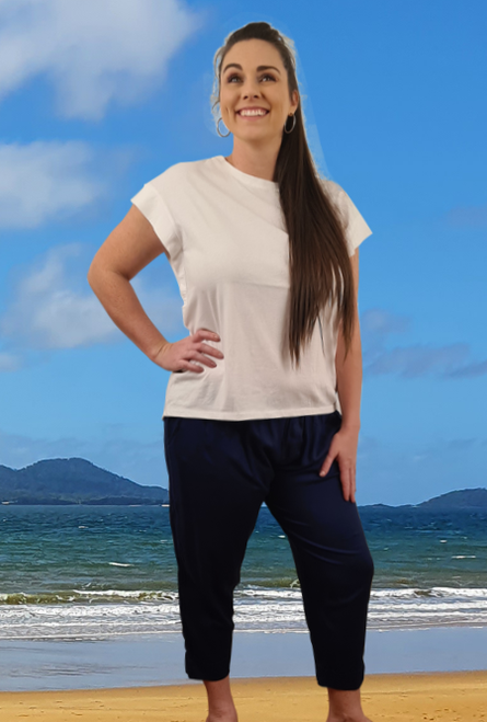 Pam Women's 3/4 Summer Pants, Relaxed Fit, Cool Rayon Material Used, Light & Comfortable, Plain Navy, From Tropical Summer Clothing Store in Cairns, Australia