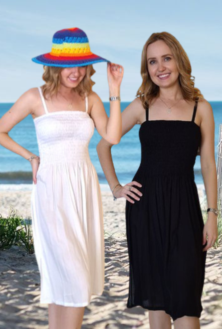 Anna Shirring Long Summer Dress, Sleeveless, Light Rayon, Cool & Comfortable, Plain White, From Tropical Summer Clothing in Cairns, Australia