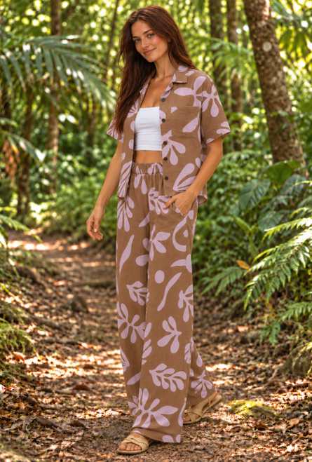 Adele top and pants set. Elastic waist pants and shirt that ca be buttoned up or left open. Made from Cool Comfy fabric, buy from shop in Cairns Australia