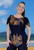 Marcia Ladies Sleeved V-Top, Crinkle Design, Plus Size, Easy Fit, 100% Cool Crinkle Rayon Fabric, Breathable & Comfortable, Shield Leaf Black & Tan, From Tropical Summer Clothing Shop in Cairns, Australia