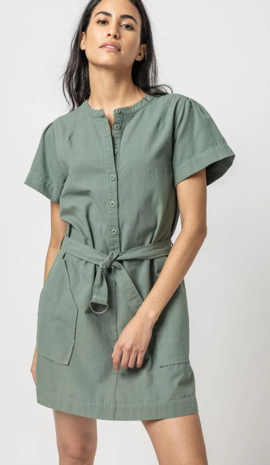 Half-Placket Canvas Dress in Seagrass