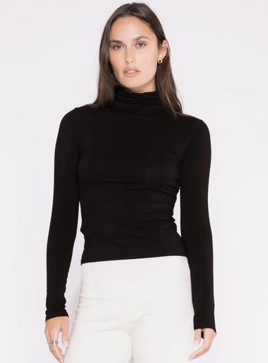 ★GENERAL IDEA★ Fingerhole Shirring Turtleneck T-Shirt BLAC Turtleneck in Black - Monkee's of Louisville