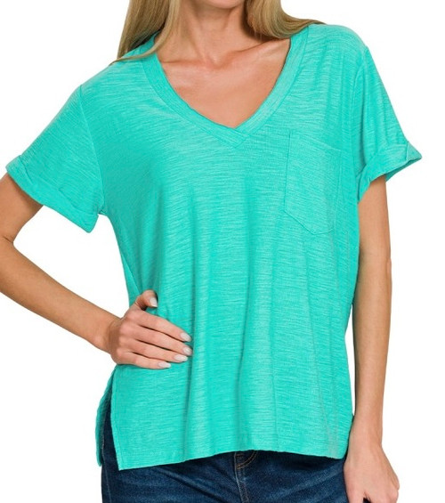 V-Neck Pocket Tee - Turquoise