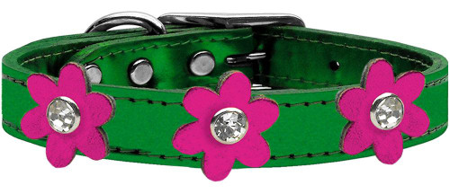 Metallic Flower Leather Collar Metallic Emerald Green With Metallic Pink Flowers Size 22