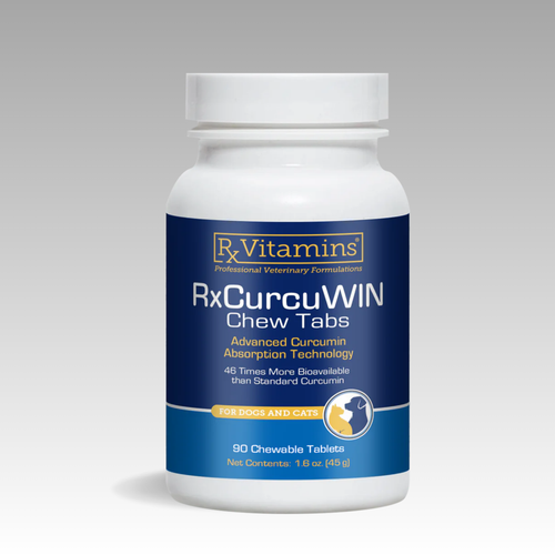 A bottle of RxCurcuWIN Hard-Chew Tablets featuring a label detailing the advanced turmeric absorption and dosage information. A bottle of RxCurcuWIN Hard-Chew Tablets featuring a label detailing the advanced turmeric absorption and dosage information.