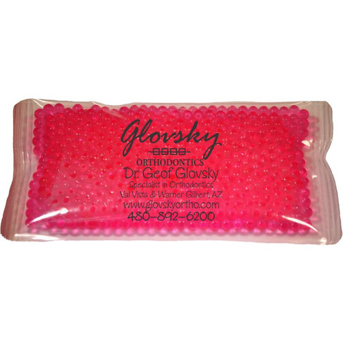 Custom 4.5" x 8" pink gel bead cold pack with custom branding - reusable promotional cold therapy pack made in USA