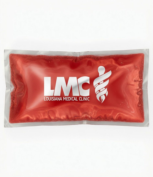 Custom 4.5" x 8" red gel cold pack ice pack imprinted – reusable promotional medical ice pack for clinics, chiropractors, and healthcare practices. Made in USA.