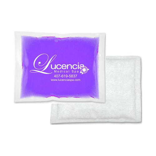 Custom 6" x 8" purple gel cold pack with cloth backing - custom branded - reusable promotional cold therapy pack made in USA