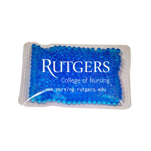 Custom 4.5" x 6" blue gel bead cold pack with custom branding - reusable promotional cold therapy pack made in USA