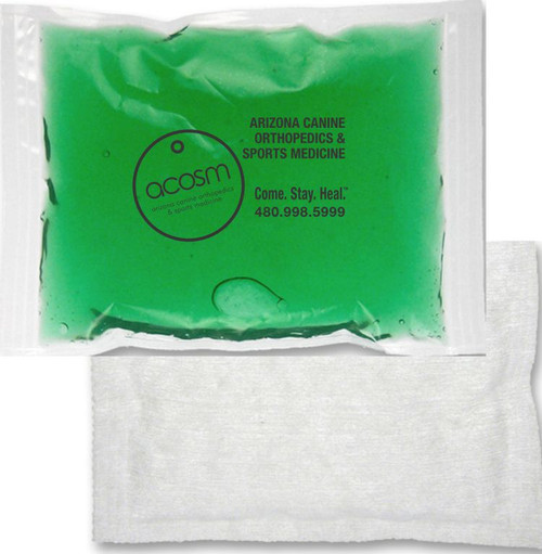 Custom 4.5" x 6" green gel cold pack with cloth backing - custom branded - reusable promotional cold therapy pack made in USA