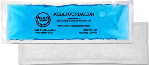 Custom 4.5" x 12" blue gel cold pack with cloth backing - custom branded - reusable promotional cold therapy pack made in USA