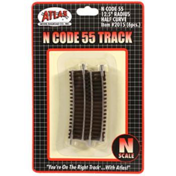 Atlas Code 55 Track w/Nickel-Silver Rail & Brown Ties -- 12-1/2" Radius Half Curve pkg(6) - ATL2015