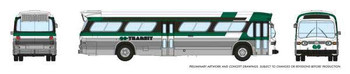 Rapido Trains 1959-1986 GM New Look-Fishbowl Bus with Working Headlights - Assembled -- GO Transit (silver, white, green) - RPI573002