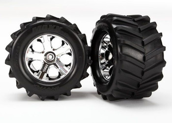 Traxxas Tires and wheels, assembled, glued 2.8' (All-Star chrome wheels, Maxx tires, foam inserts) (2) - TRA6771