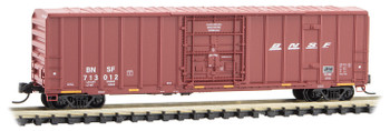Micro-Trains 50' Rib-Side Plug-Door Boxcar No Roofwalk - Ready to Run -- BNSF Railway 713012 (Boxcar Red, Wedge Logo, yellow conspicuity marks) - 489-2700440