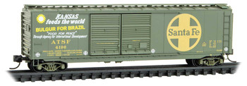 Micro-Trains 50' Double-Door Boxcar - Ready to Run -- Santa Fe #4196 (green, yellow, Bulgur for Brazil - Food for Peace) - 489-3400480