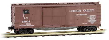 Micro-Trains 40' Double-Sheathed 1-1/2 Door Wood Boxcar w/Vertical Brake Wheel Ready to Run -- Lehigh Valley #79008 (Boxcar Red, Auto Service, black Flag Logo) - 489-4100020