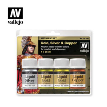Vallejo 35ml Bottle Liquid Gold, Silver, Copper Metallic Model Color Paint Set (4 Colors) - VJ70199