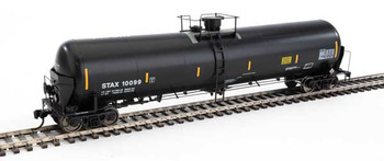 WalthersProto 55' Trinity Modified 30,145-Gallon Tank Car - Ready to Run -- Stauffer Chemical Co. STAX #10099 (black, white, yellow conspicuity marks) - 920-100753