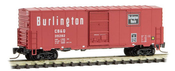 Micro-Trains 40' Single-Door Boxcar No Roofwalk - Ready to Run -- Chicago, Burlington & Quincy #39282 (Chinese Red, black, white) - 489-50300152