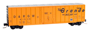 Micro-Trains 50' Rib-Side Plug-Door Boxcar, No Roofwalk - Ready to Run -- Denver & Rio Grande Western #61525 (orange, black, Large Action Road Logo) - 489-51100241