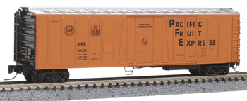 Micro-Trains 51' Rib-Side Mechanical Reefer - Ready to Run -- Pacific Fruit Express PFE #301233 (orange, black, silver, Stenciled Logos) - 489-54900012